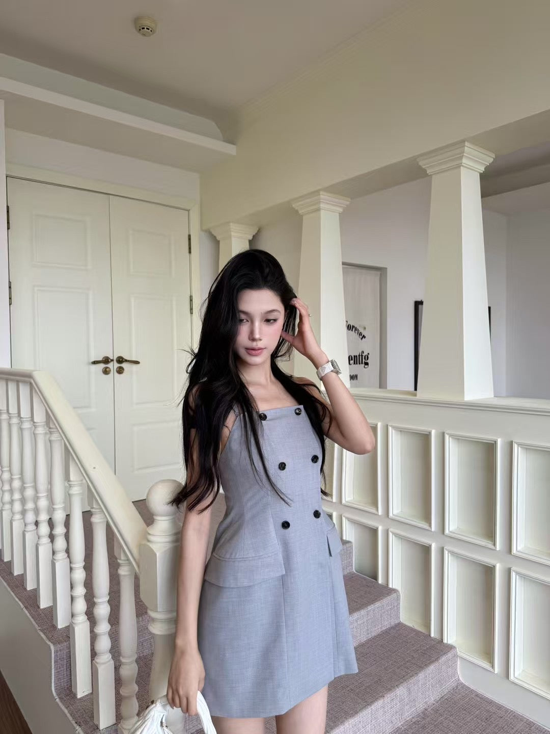 [Celebrity] Double-breasted Suspender Dress