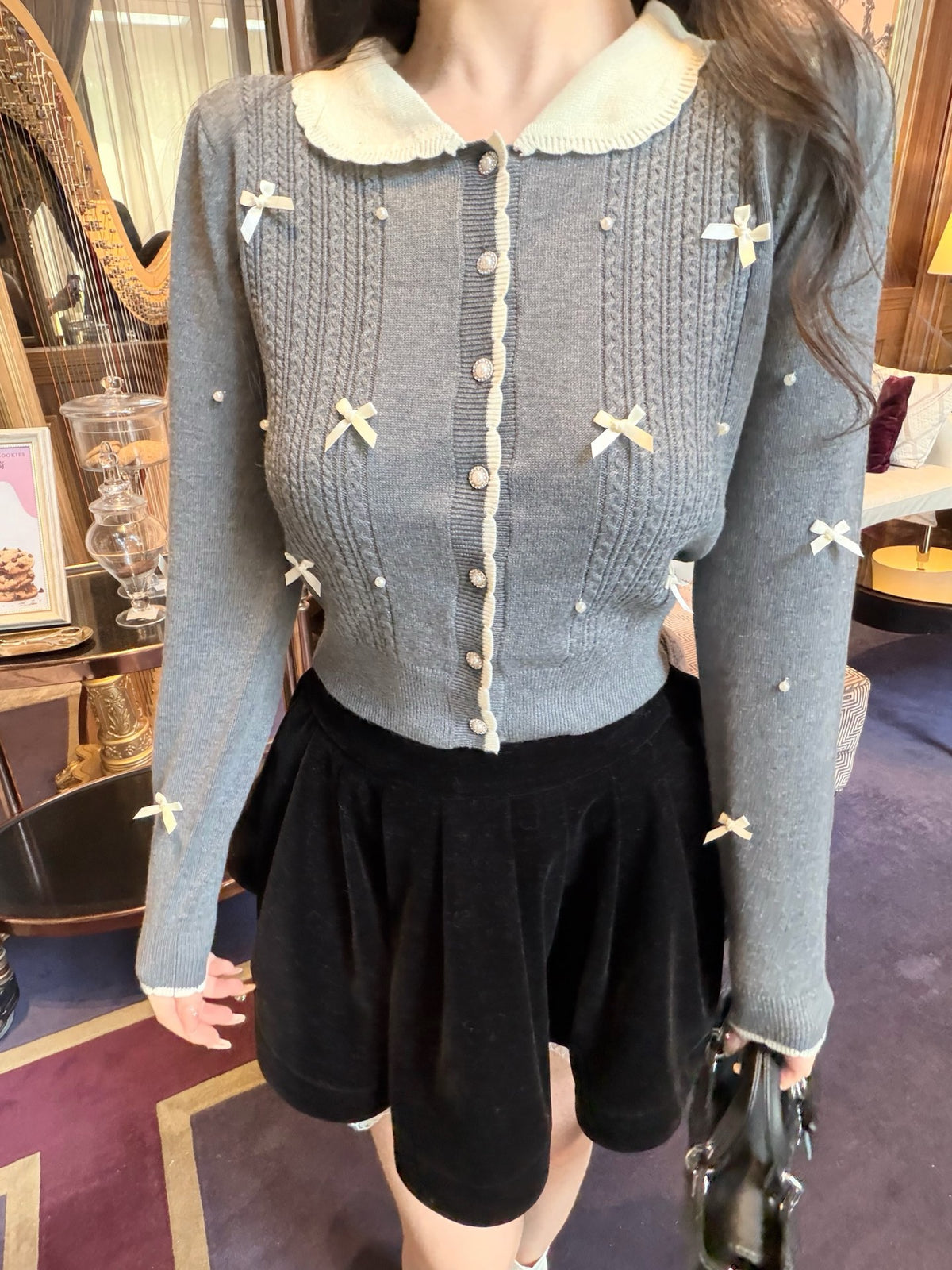 ⁠[Coquette] Doll Collar Ribbon Beaded Knit Cardigan (MY5813)⁠