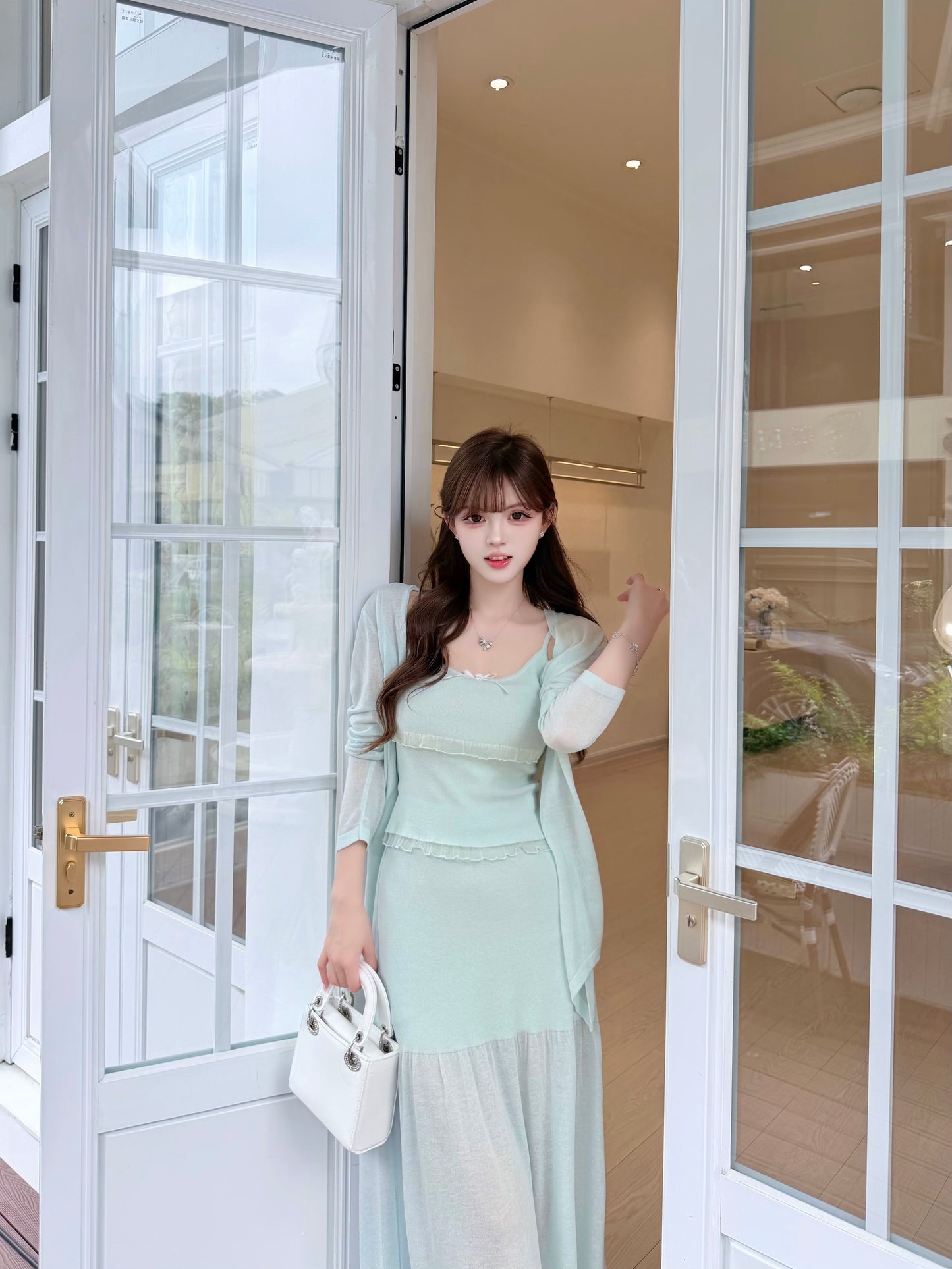 [Elegant] Ruffle Cami + Knit Cardigan + Flared Midi Skirt 3-Piece Set (QF110+QF111)