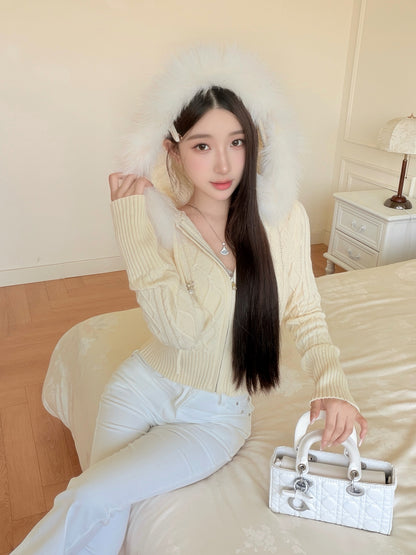 [Coquette] Fox Fur Collar Zip-Up Knit Cardigan (MY5812)