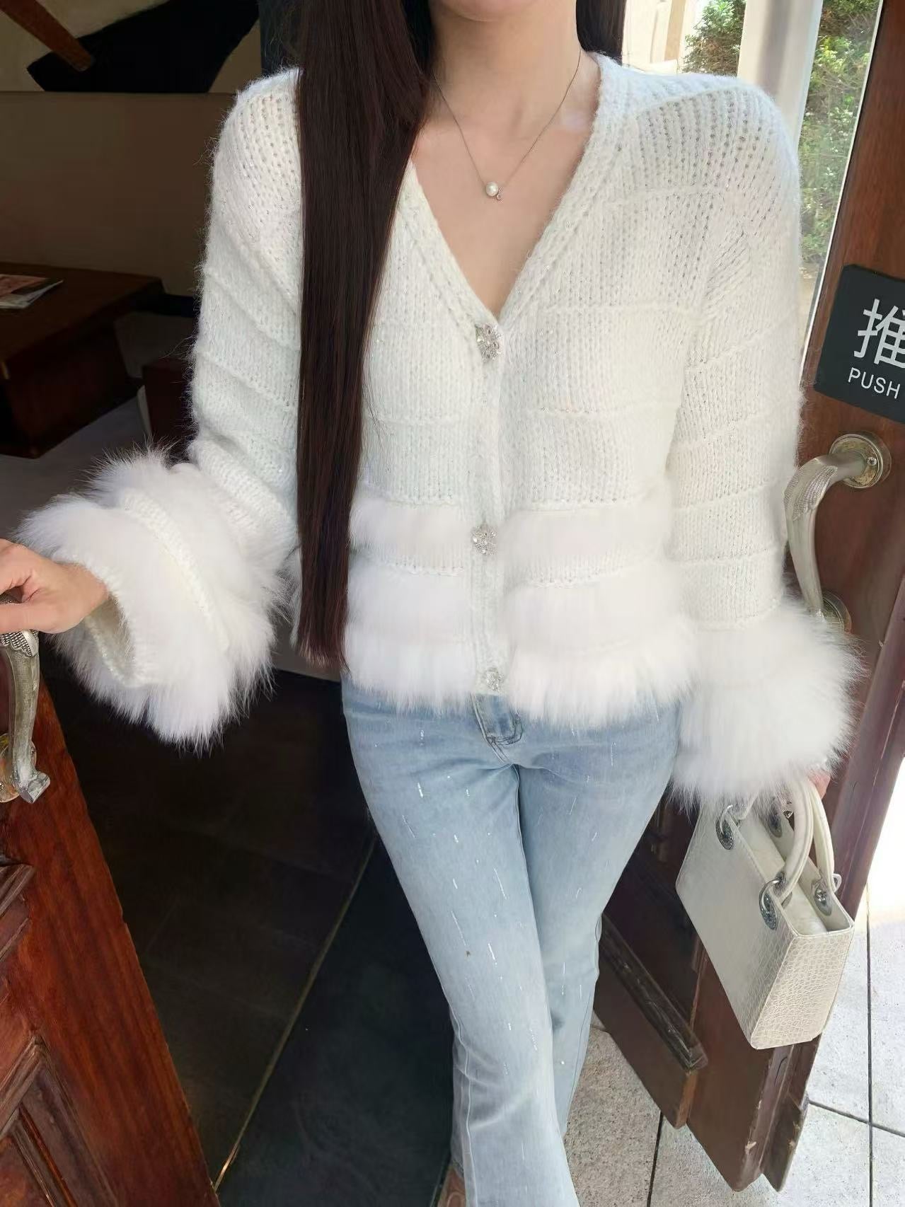 [Fluffy] Fox fur + Wool Cardigan
