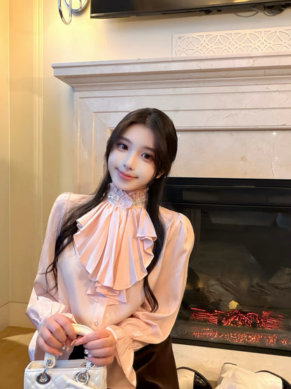 ⁠[Elegant] Stand Collar Ruffle Ribbon Satin Blouse (Q1535)⁠