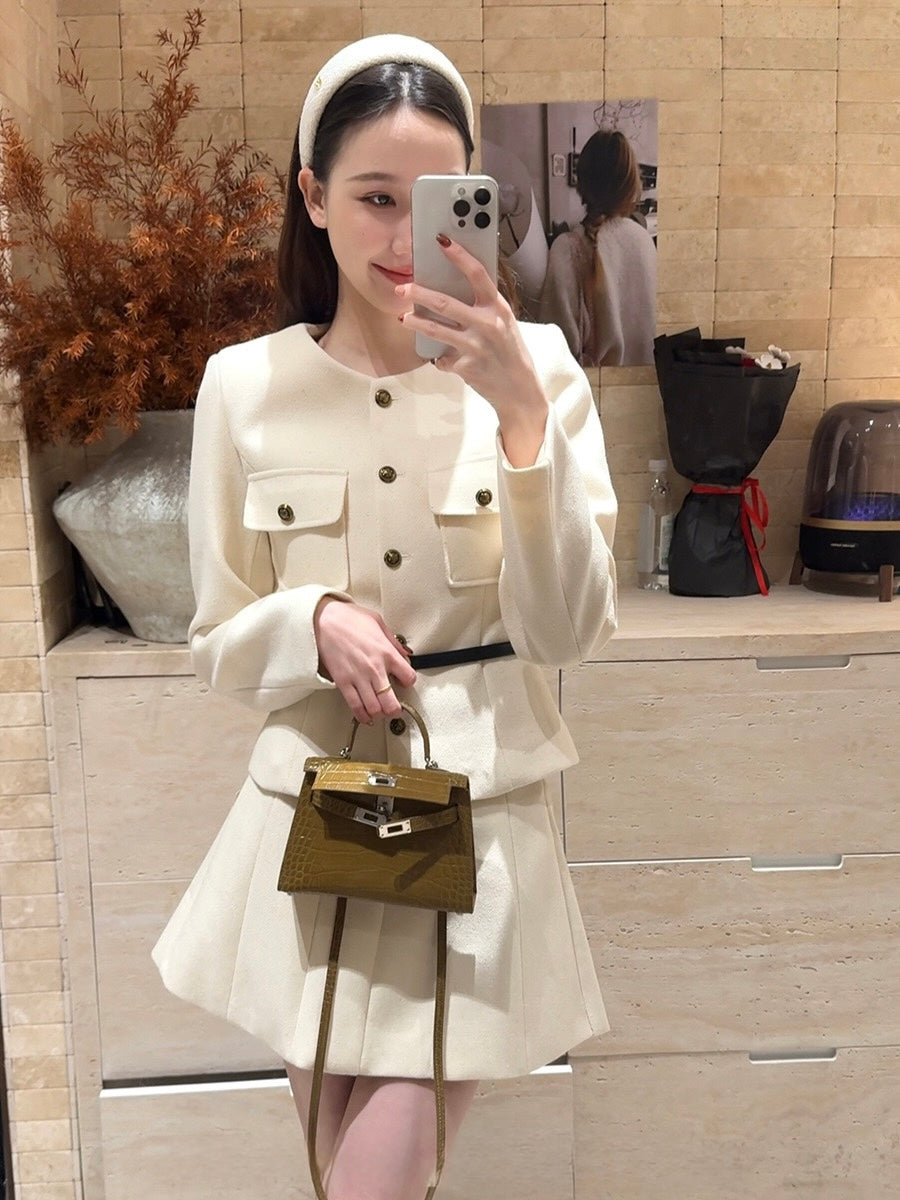 [Workwear] OL Tweed Blazer+Pleated Skirt Set (with Belt)