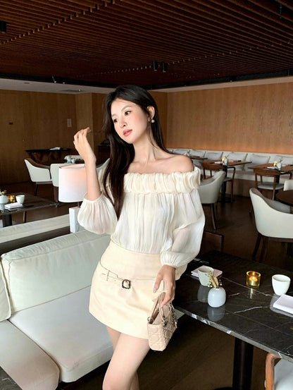 [Stylish] White Label Off-Shoulder Chiffon Top