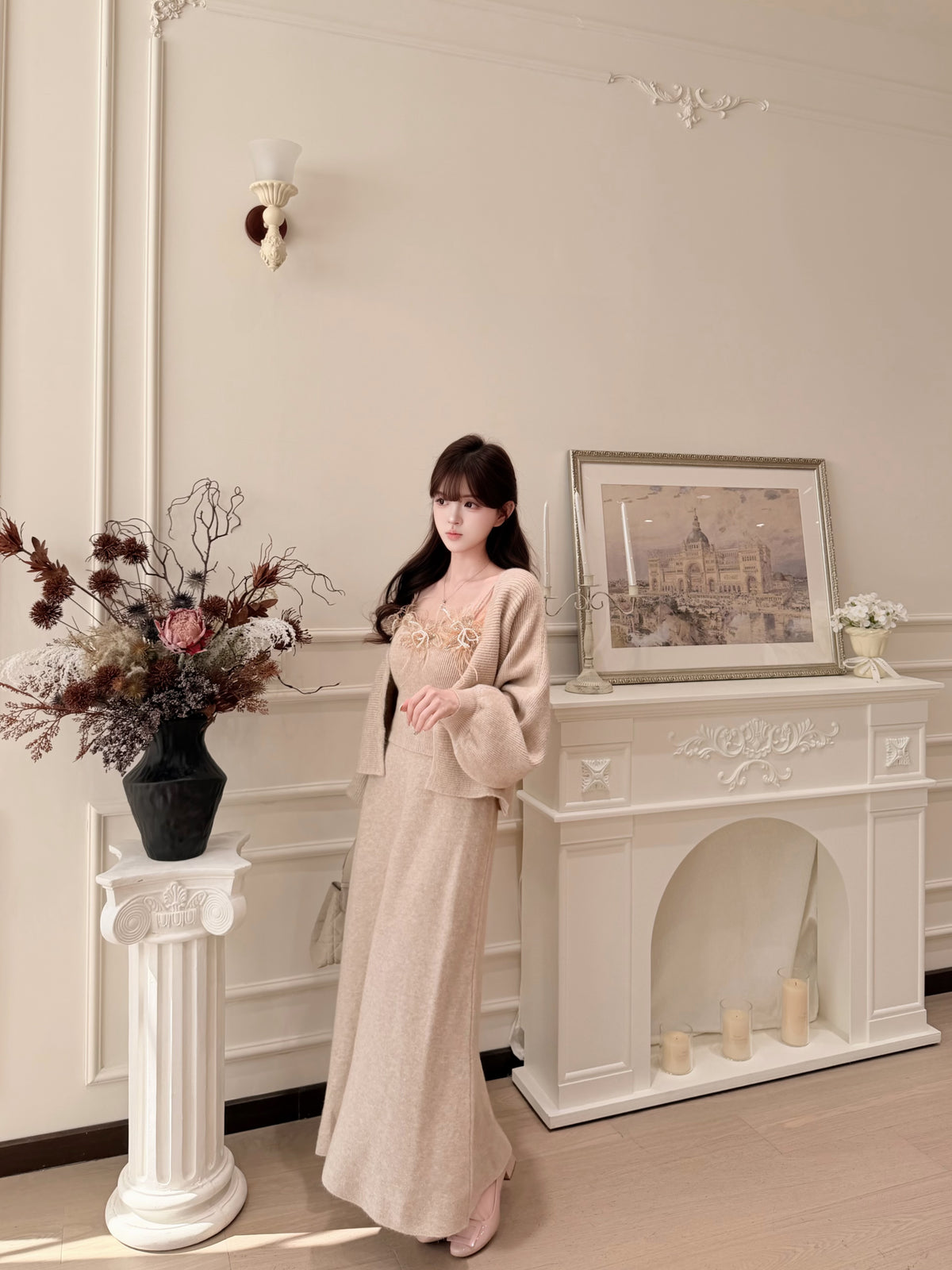 [Elegant]Japanese Style Feather Lace 3-Piece Knit Set (QH-076)