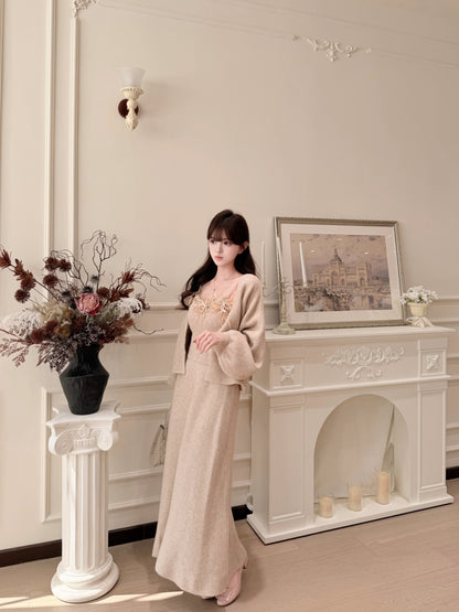 [Elegant]Japanese Style Feather Lace 3-Piece Knit Set (QH-076)