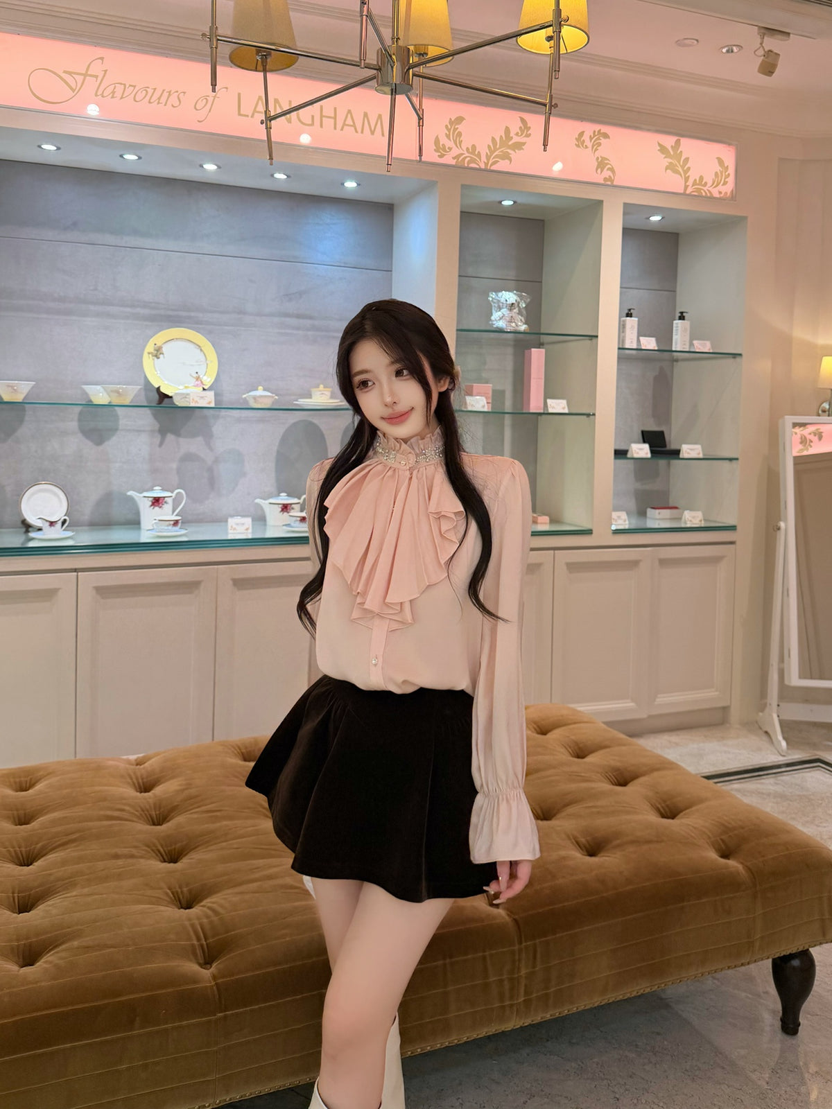 ⁠[Elegant] Stand Collar Ruffle Ribbon Satin Blouse (Q1535)⁠