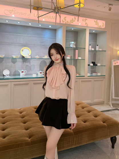 ⁠[Elegant] Stand Collar Ruffle Ribbon Satin Blouse (Q1535)⁠