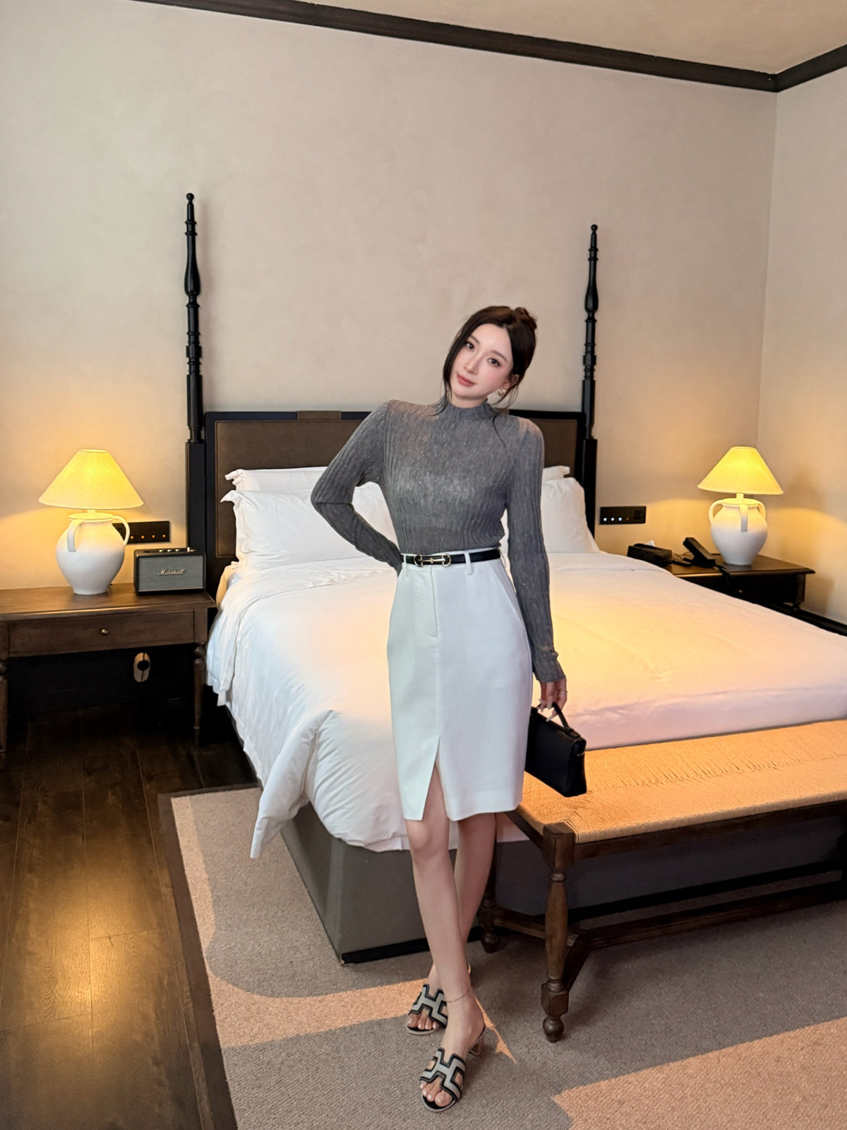 [Lumi Premium]70% Linen 30%Lyocell Slit A-Line Skirt (YR26187)