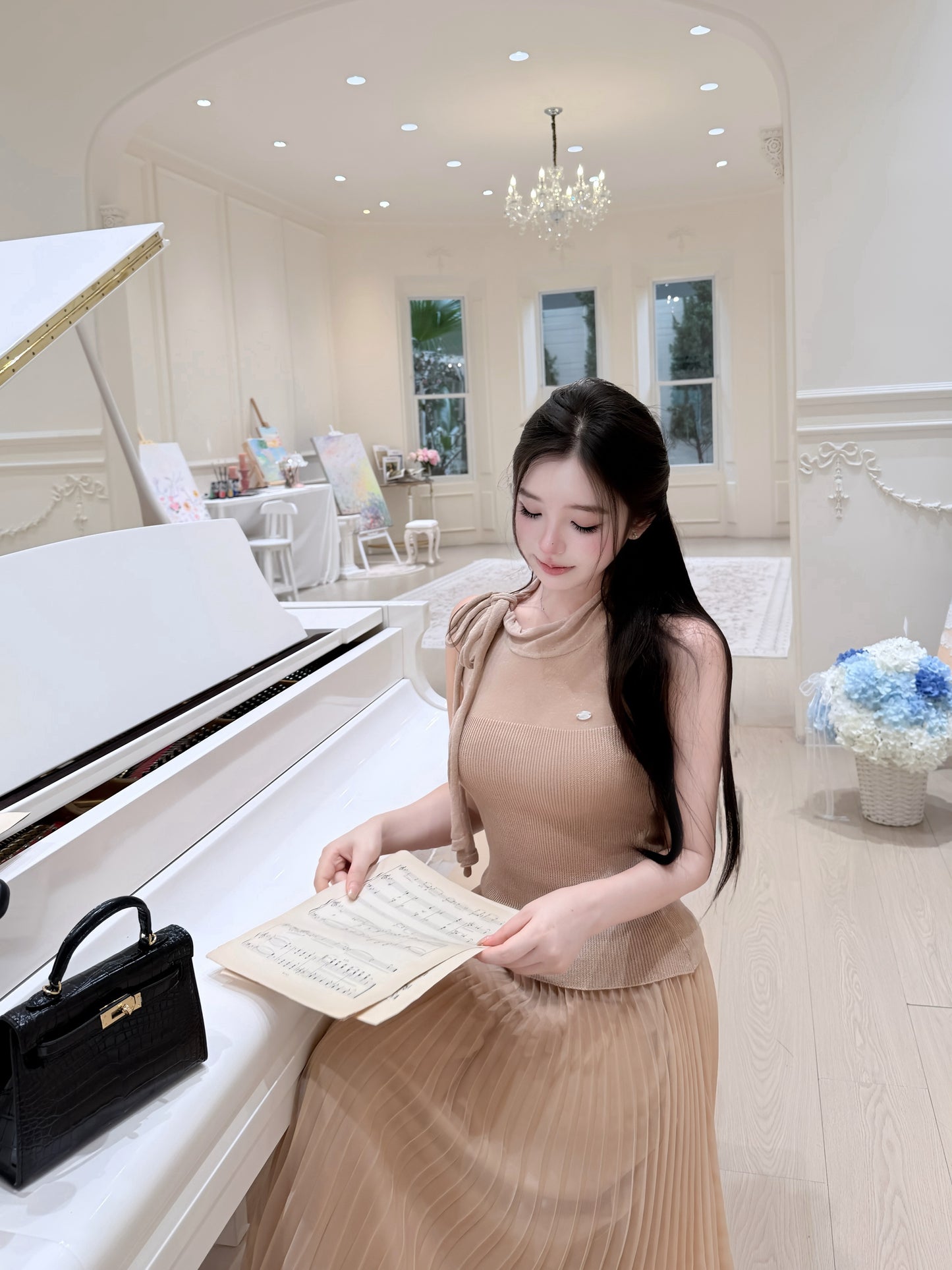 [Minimal] Slim Fit Knit Bow Cami Top (QF093)