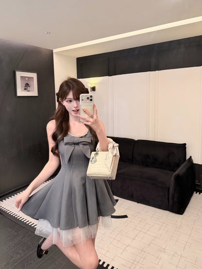 [Coquette] Pearl Beaded U-Neck Bow Mini Dress with Tulle Hem (Q1510)⁠