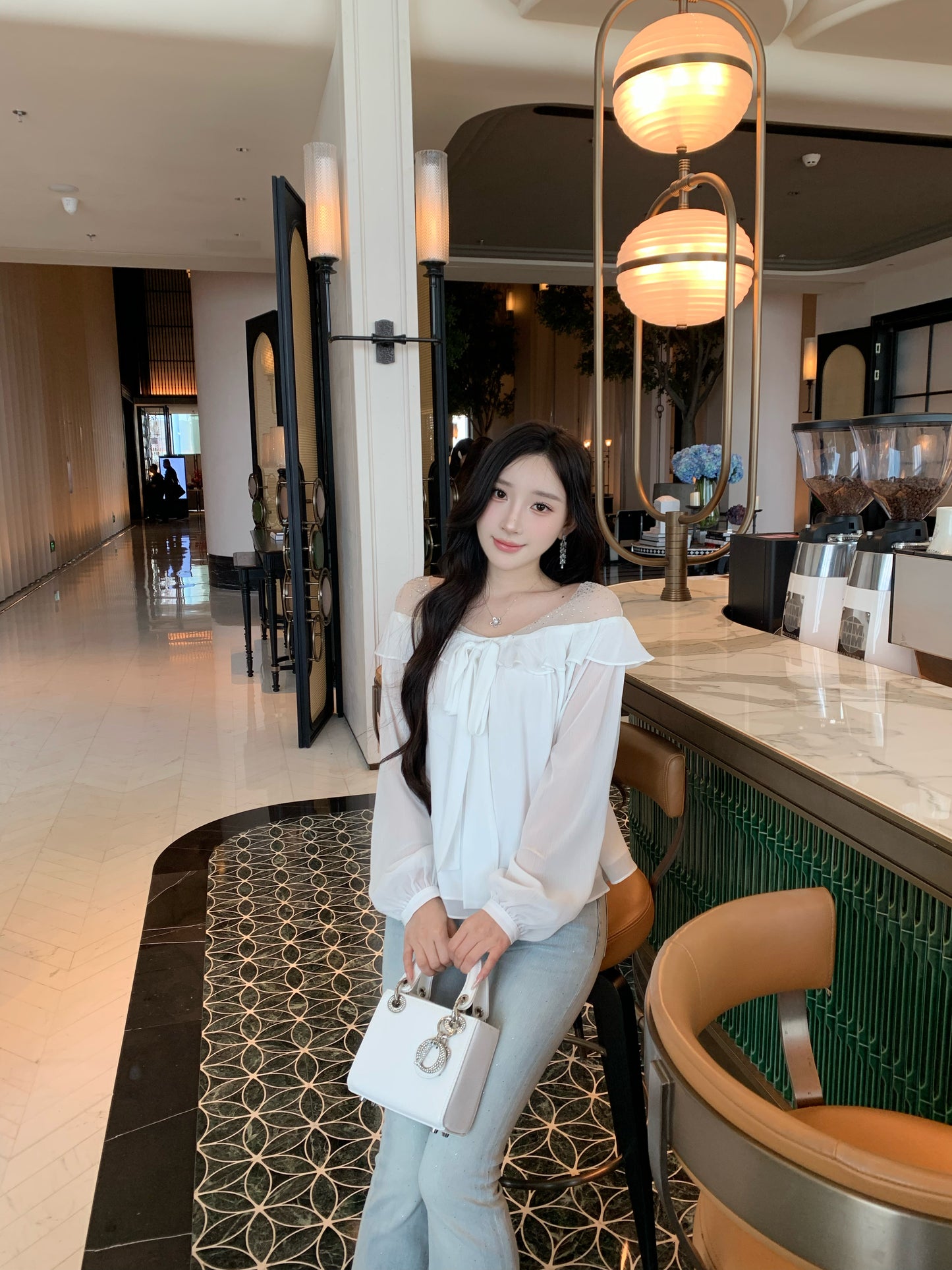 [Bling Bling] Girly Ribbon Blue & White Top (Q089)