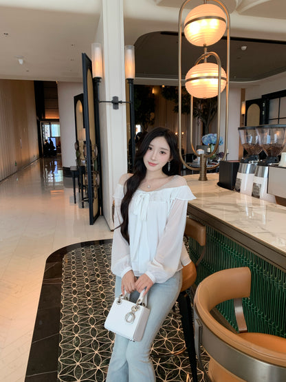 [Bling Bling] Girly Ribbon Blue & White Top (Q089)