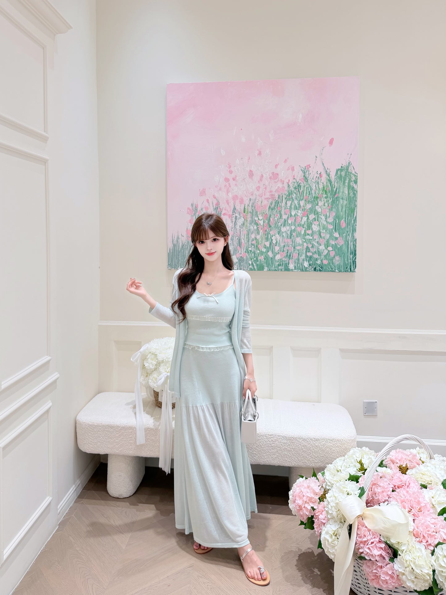 [Elegant] Ruffle Cami + Knit Cardigan + Flared Midi Skirt 3-Piece Set (QF110+QF111)