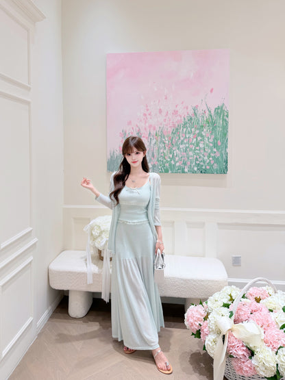 [Elegant] Ruffle Cami + Knit Cardigan + Flared Midi Skirt 3-Piece Set (QF110+QF111)