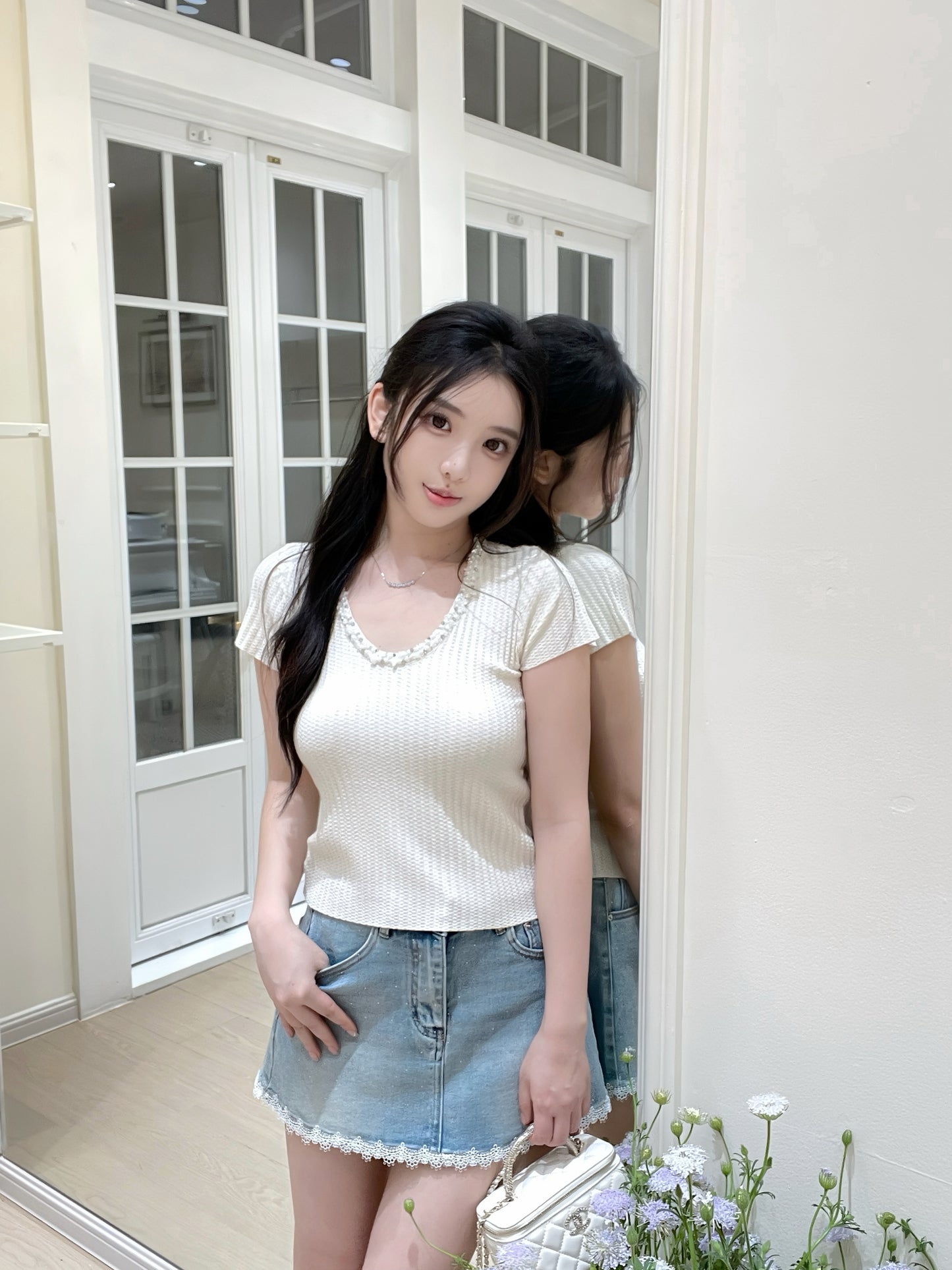 [Basic] Summer V-neck Glitter Top (QF026)