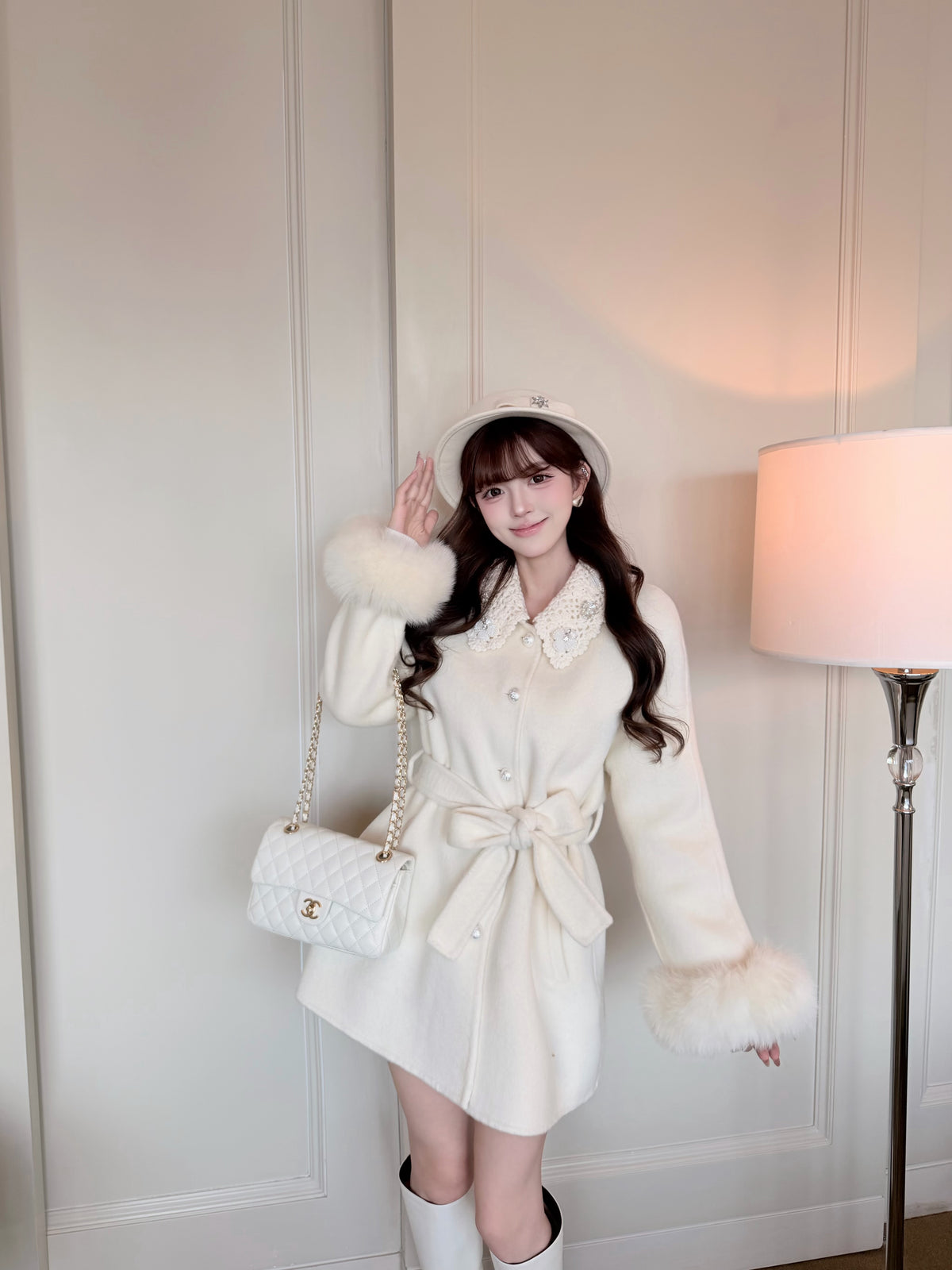 ⁠[Girly] Beaded Crochet Collar Fur Trim Belted 100% Australian Wool Coat (YRDY-015)