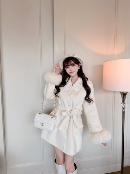 ⁠[Girly] Beaded Crochet Collar Fur Trim Belted 100% Australian Wool Coat (YRDY-015)