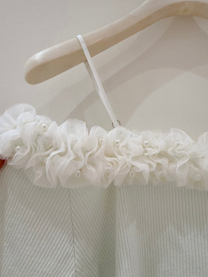 [Girly] Off-shoulder Knitted Green & Beige Top (QF008)