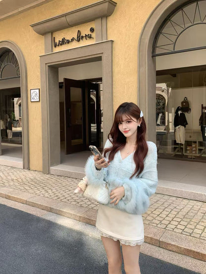 [Fluffy] Fox fur + Wool Cardigan