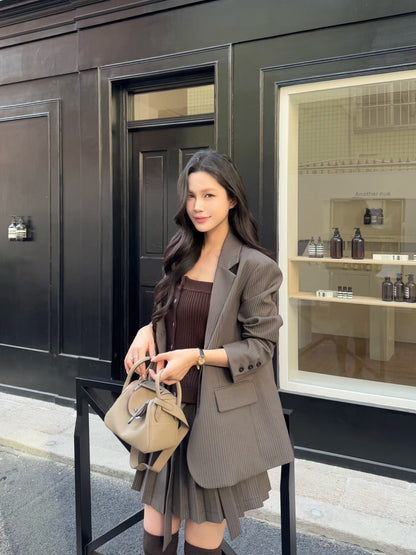 [Miu Style] Stripes Blazer + Pleated Skirt Set