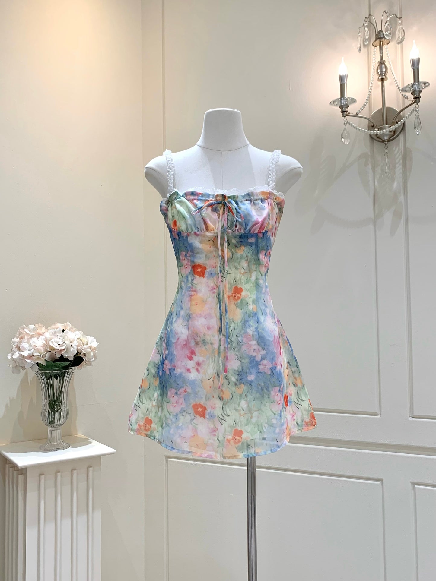 [Artistic] Watercolor Floral Lace Strap Mini Dress (QF083)