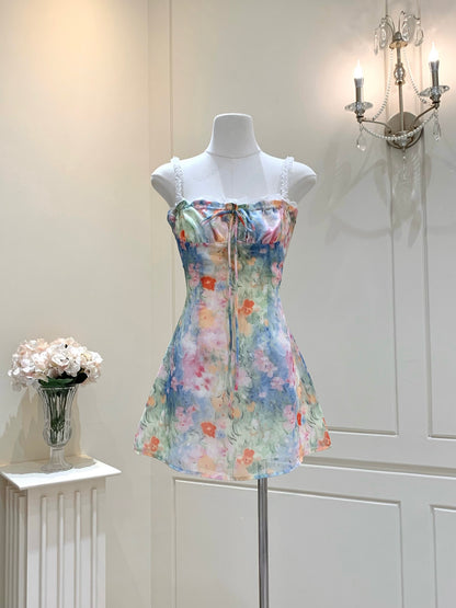 [Artistic] Watercolor Floral Lace Strap Mini Dress (QF083)