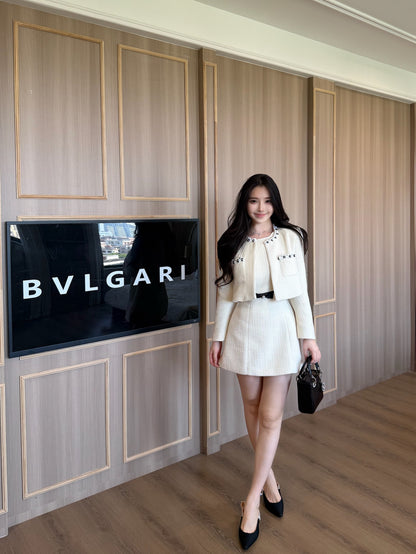 [Elegant] Pearl Tweed Crop Jacket & Skirt Set (Q1522)