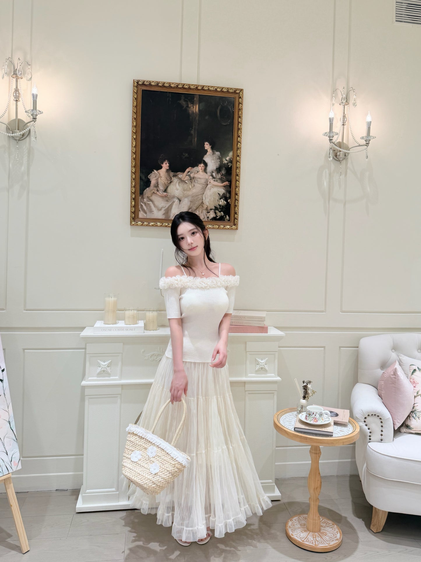 [Girly] Off-shoulder Knitted Green & Beige Top (QF008)