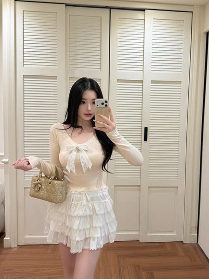 [Sweet] Wool Lace Bow V-Neck Top (MY5817)