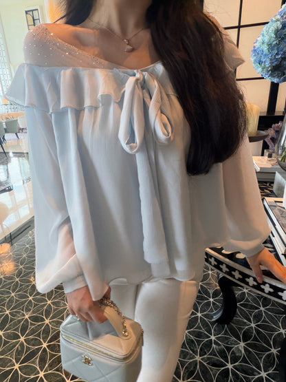 [Bling Bling] Girly Ribbon Blue & White Top (Q089)