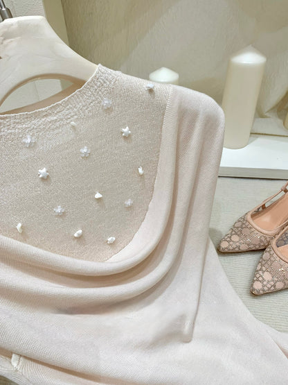 [Luxury] Handmade Pearl Cowl Neck Knit Top (QF033)