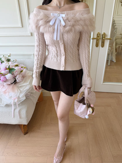 [Girly] Fox Fur Collar 10% Wool Knit Cardigan (QH-083)