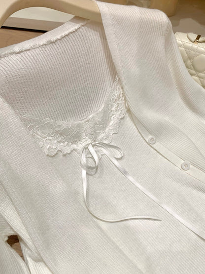 [Romantic] Lace Trim Cami and Knit Cardigan Set (QH-020)