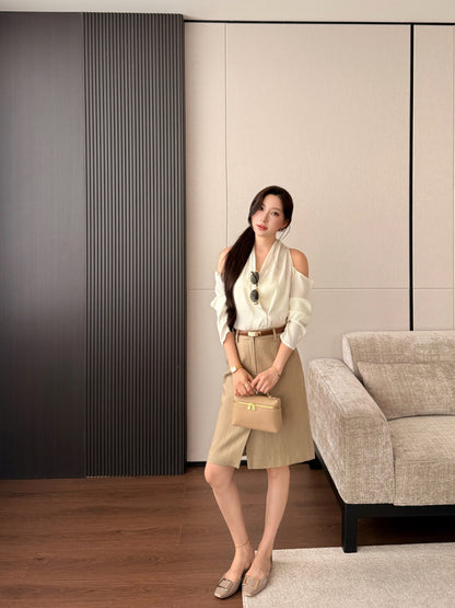 [Lumi Premium] French Silk Blouse & Linen Skirt + Belt Set