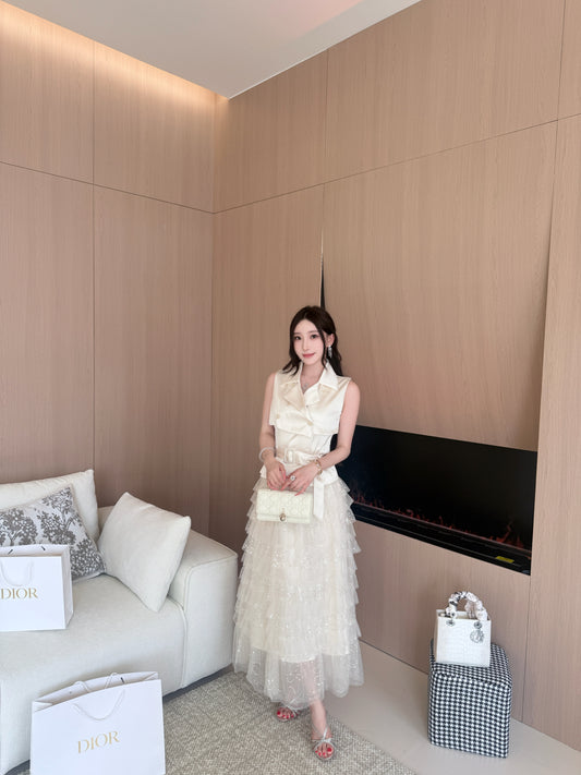 [Office to Date] Tailored Blazer Vest + Sequin Tiered Tulle Skirt Set (Q1212+Q1181)