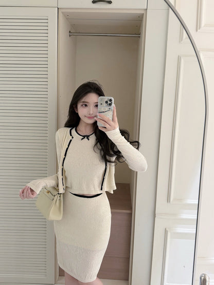 [Workwear] French Contrast Trim Lace Knit Cardigan and Skirt Set (QH-09)⁠