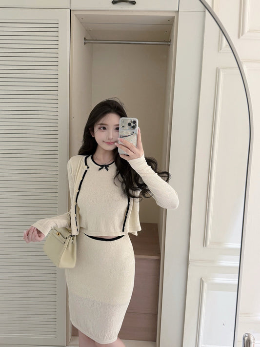 [Workwear] French Contrast Trim Lace Knit Cardigan and Skirt Set (QH-09)⁠