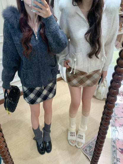 [Girly] 100% Wool Zip-up Sweater (Fox Fur Hat)