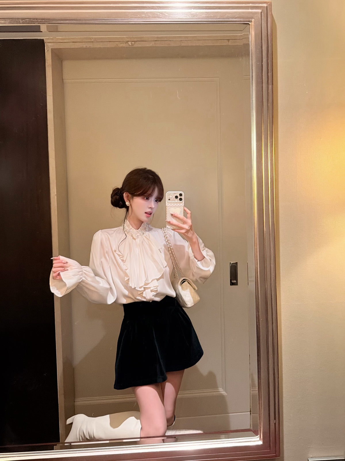 ⁠[Elegant] Stand Collar Ruffle Ribbon Satin Blouse (Q1535)⁠