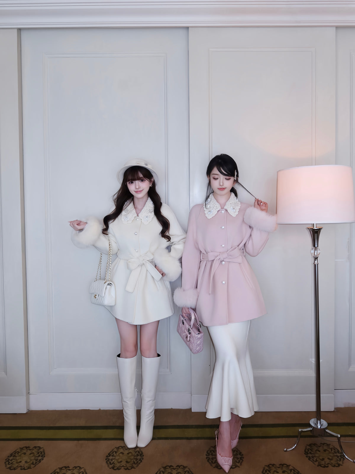 ⁠[Girly] Beaded Crochet Collar Fur Trim Belted 100% Australian Wool Coat (YRDY-015)