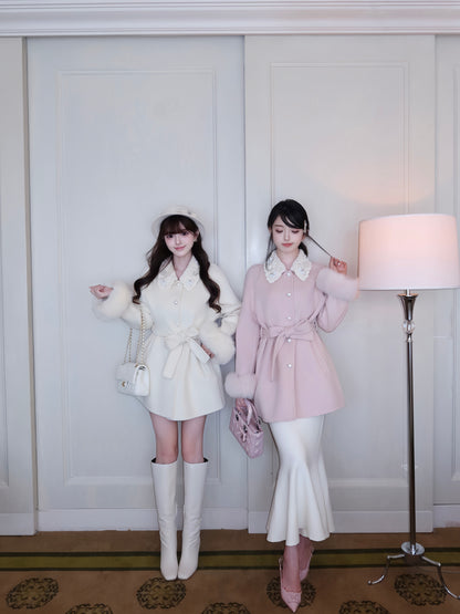 ⁠[Girly] Beaded Crochet Collar Fur Trim Belted 100% Australian Wool Coat (YRDY-015)