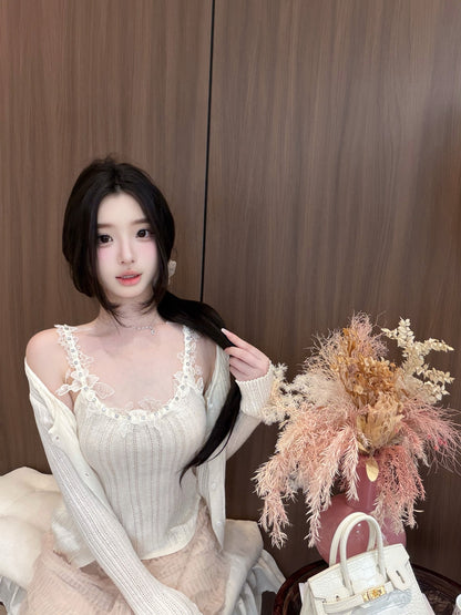 [Dating] Pearl Lace Trim Cami and Knit Cardigan Set (QH-08)