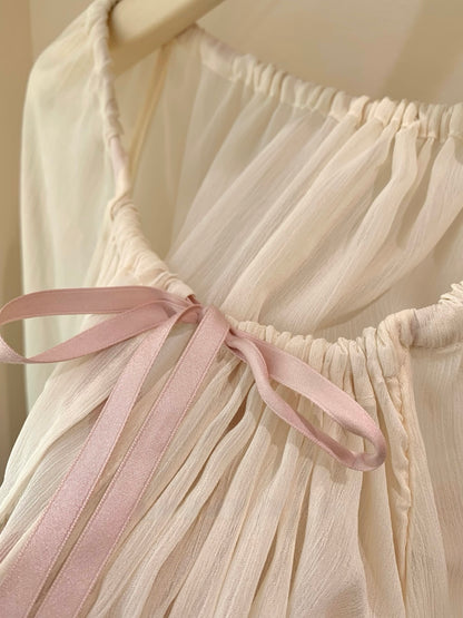 ⁠[Girly] French Romantic Ruffle Ribbon Chiffon Blouse (QH-031)⁠