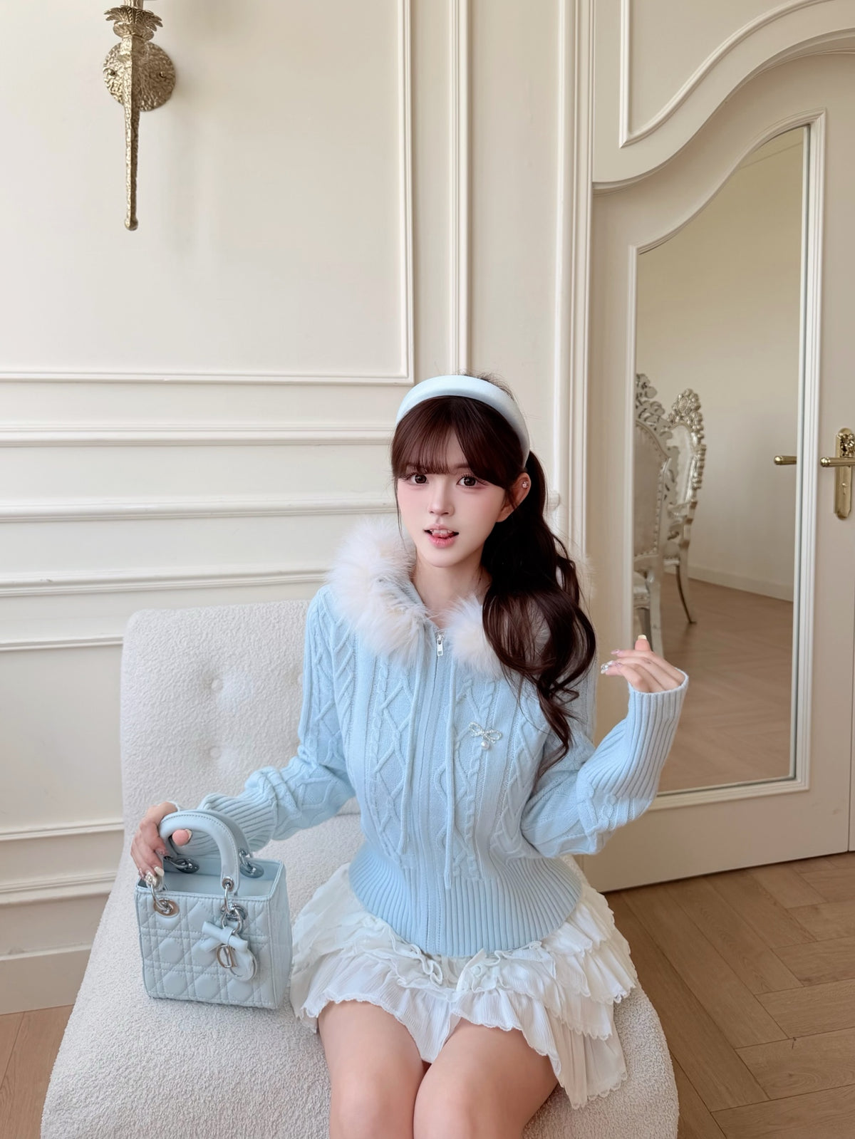 [Coquette] Fox Fur Collar Zip-Up Knit Cardigan (MY5812)
