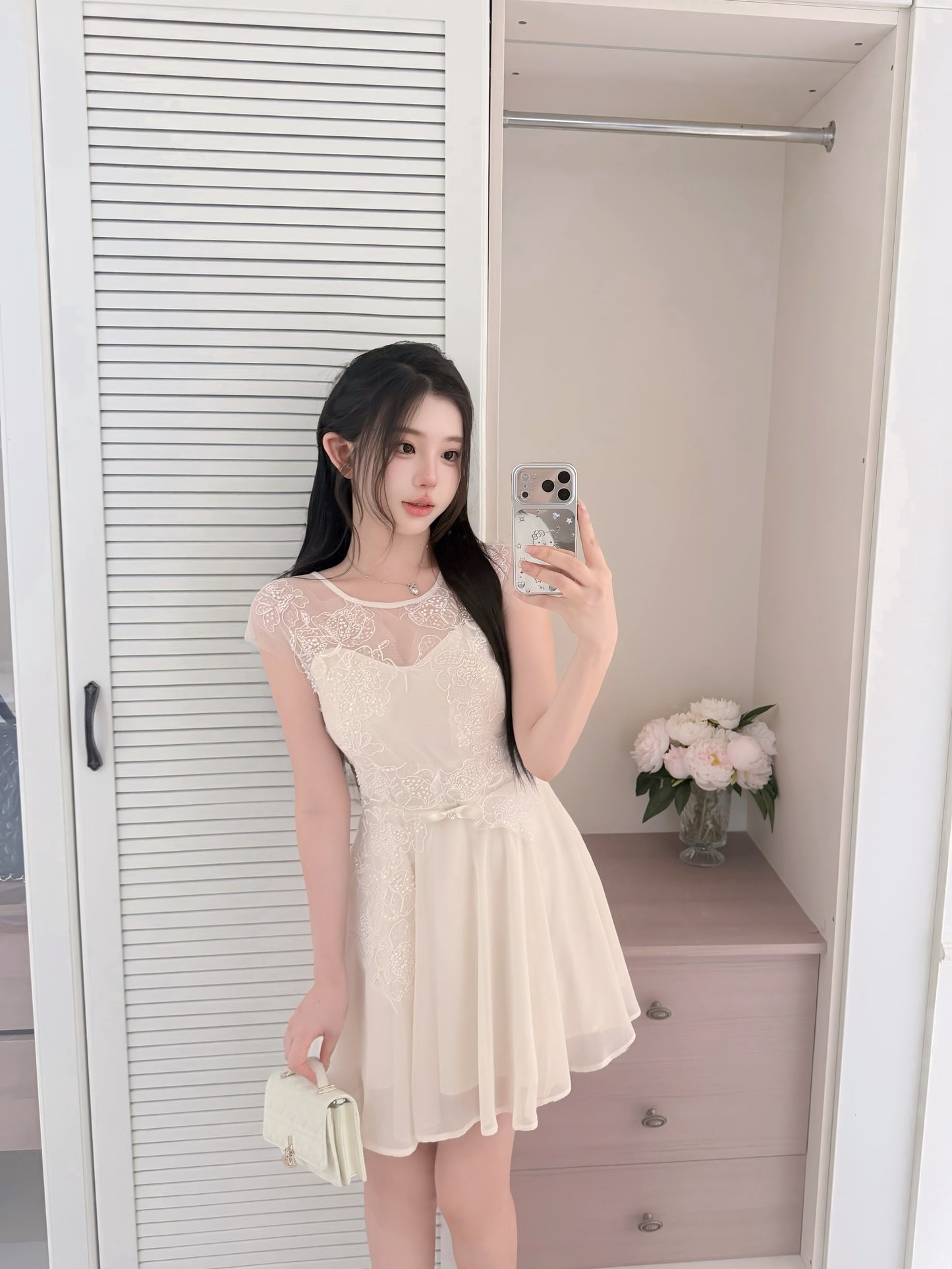 [Girlgod] Beaded Lace Mesh Overlay A-Line Dress (QF099)