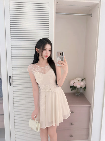 [Girlgod] Beaded Lace Mesh Overlay A-Line Dress (QF099)