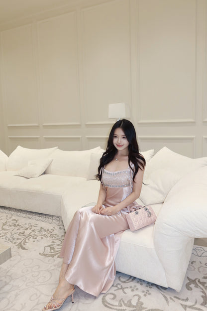 [Luxury] Beaded Satin A-Line Long Dress (QF059-1)