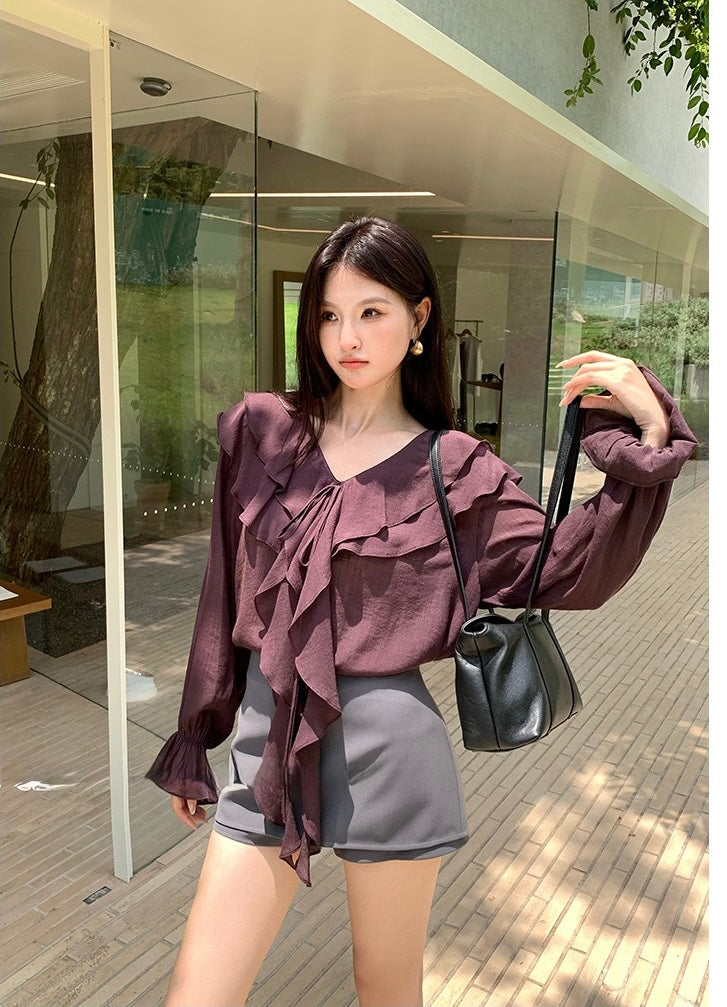 [Elegant] Autumn V-neck chiffon Top