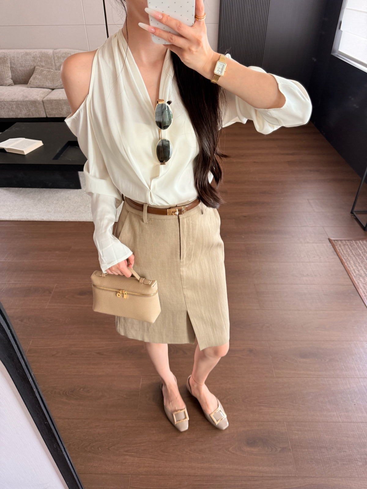 [Lumi Premium] French Silk Blouse & Linen Skirt + Belt Set